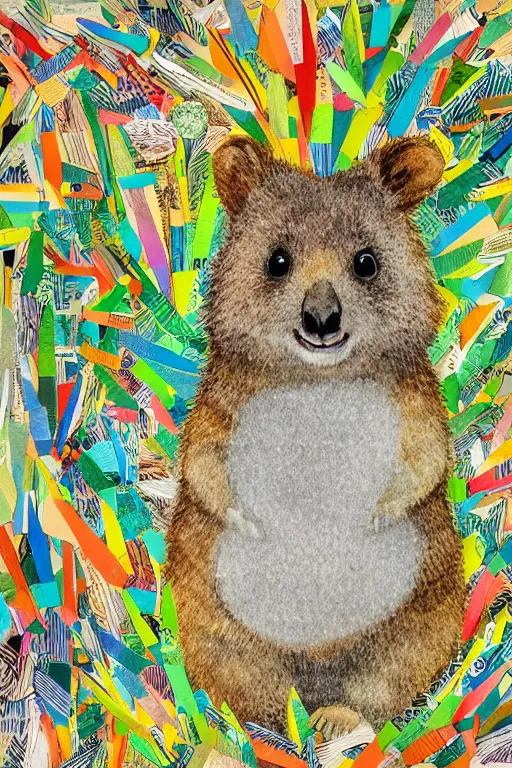 Image similar to detailed illustration, a portrait of a happy quokka on rotttnest island constructed from colored paper, collage, may gibbs, layered composition, layers, texture, textured, layered, sculpted, dynamic, 🦋, 🌱,