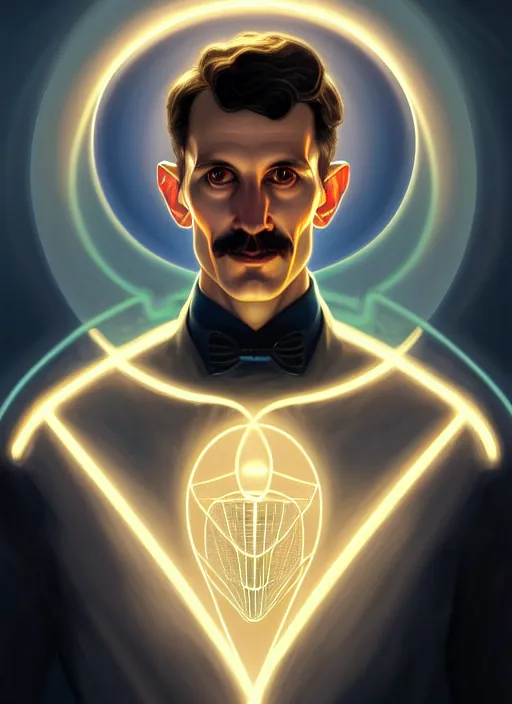 Image similar to symmetry!! portrait of nikola tesla male, chemisty, sci - fi, glowing lights!! intricate, elegant, highly detailed, digital painting, artstation, concept art, smooth, sharp focus, illustration, art by artgerm and greg rutkowski and alphonse mucha, 8 k