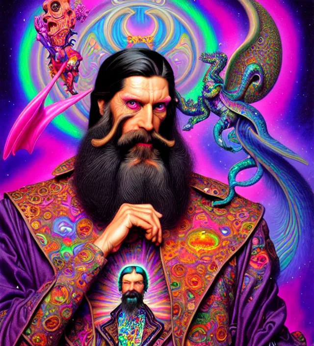 Image similar to lisa frank pattern fantasy character portrait of rasputin, ultra realistic, wide angle, intricate details, blade runner artifacts, highly detailed by peter mohrbacher, wayne barlowe, boris vallejo, hajime sorayama aaron horkey, gaston bussiere, craig mullins