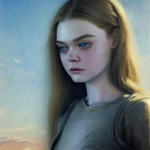 Image similar to ultra realistic medium shot masterpiece portrait painting of elle fanning in the painted world of resident evil and bruce pennington, apocalypse, cosmic horror, artstation, art by frank frazetta, 4 k, ultra realistic, highly detailed, epic lighting