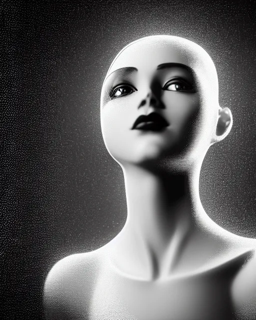 Image similar to black and white dreamy young beautiful female artificial intelligence, metropolis, cinematic, rim light, bokeh, photo - realistic, elegant, high detail, 8 k, masterpiece, photo taken in 1 9 3 0