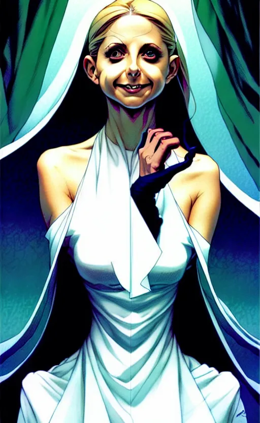 Prompt: artgerm, joshua middleton comic cover art, pretty ghost sarah michelle gellar entire full body, floating, creepy smile, white dress, friendly, symmetrical eyes, symmetrical face, long white hair, inside haunted house