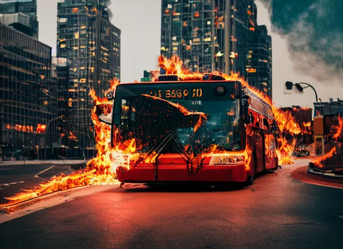 Image similar to a 3 5 mm photo of a city bus with the wheels and engine on fire, splash art, movie still, bokeh, canon 5 0 mm, cinematic lighting, dramatic, film, photography, golden hour, depth of field, award - winning, anamorphic lens flare, 8 k, hyper detailed, 3 5 mm film grain