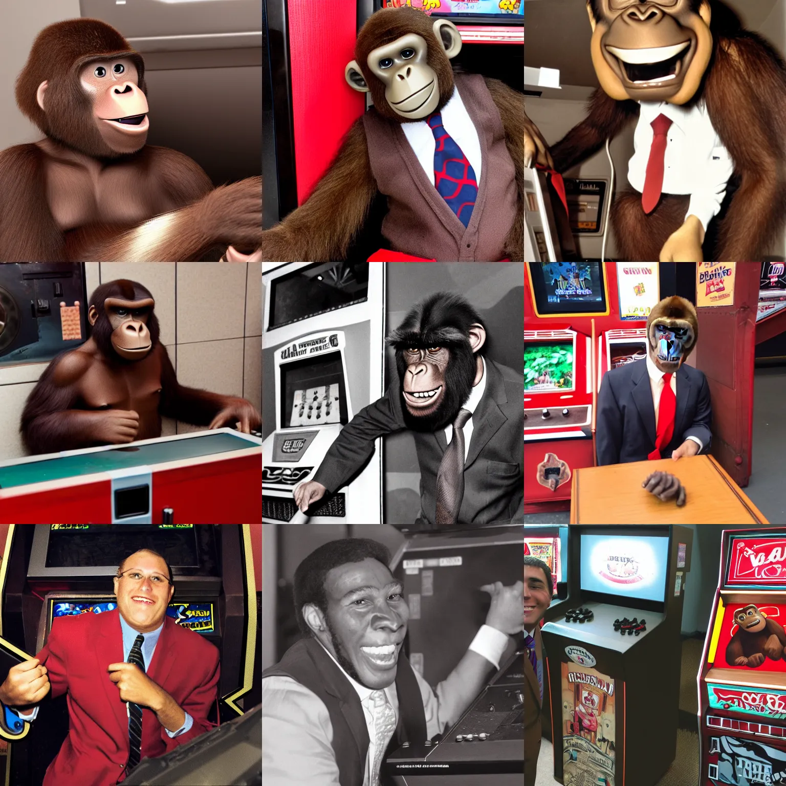 Prompt: photo of a large brown ape with a great smile wearing a red tie, playing at an old arcade cabinet