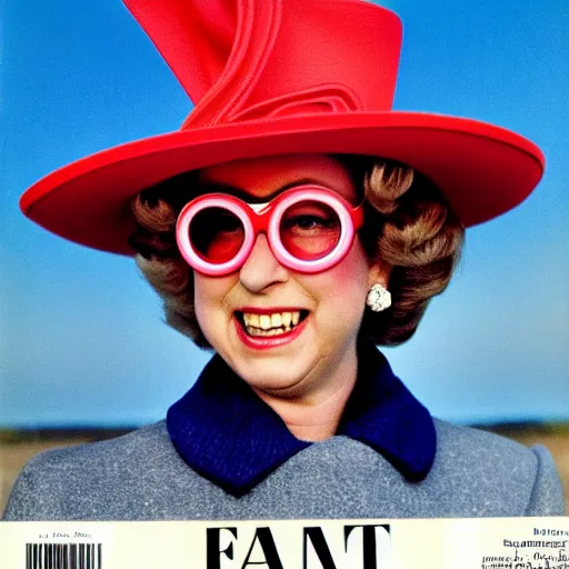 Prompt: magazine cover photo of Elizabeth II using gigantic googles on fire portrait photo by Slim Aarons in 1965 TIMES magazine cover photo, color