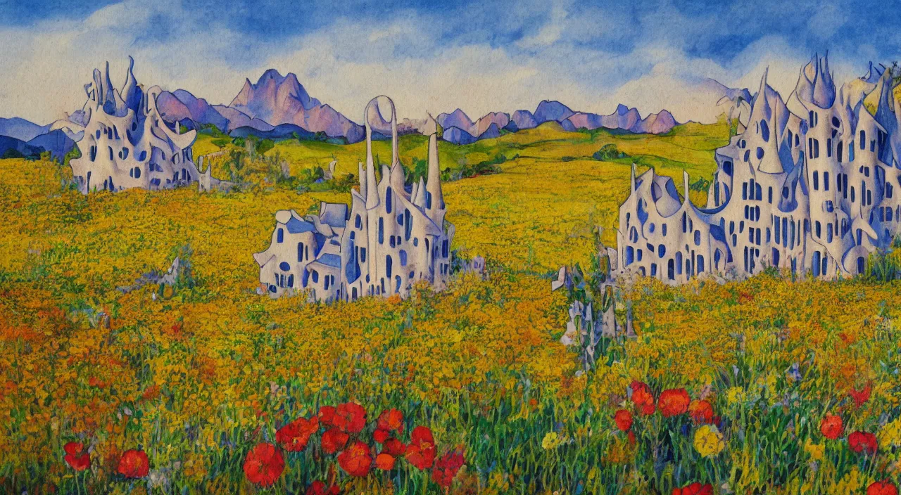 Prompt: a landscape painting of a house designed by Antoni Gaudí, with flower fields as foreground, with mountains as background