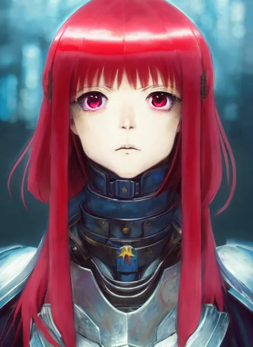 Image similar to portrait of Anime sister of battle, Warhammer 40000, cute-fine-face, red-short-hair pretty face, realistic shaded Perfect face, fine details. Anime. realistic shaded lighting by Ilya Kuvshinov katsuhiro otomo ghost-in-the-shell, magali villeneuve, artgerm, rutkowski, WLOP Jeremy Lipkin and Giuseppe Dangelico Pino and Michael Garmash and Rob Rey