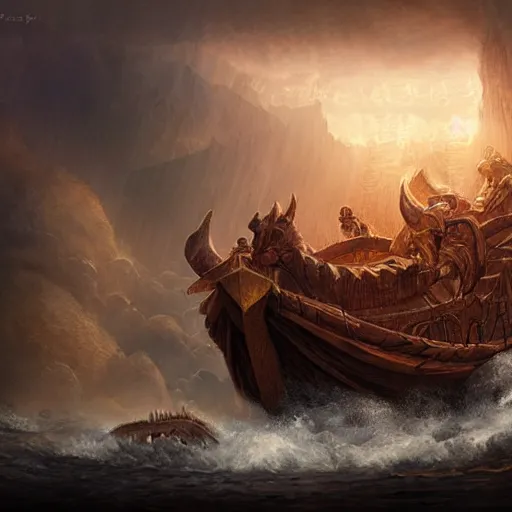 Prompt: noah's ark, centered in picture, epic fantasy, detailed, intricate, digital painting, concept art, realistic, smooth, focus, rim light