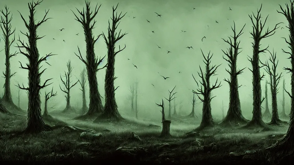 Prompt: folk horror illustration of the place with the dead pines, 8k resolution artwork, horror art, eerie, creepy, trending on artstation, painting, elaborate excellent painted illustration, smooth, sharp focus