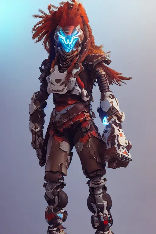 Image similar to combination suit armor aloy horizon forbidden west horizon zero dawn robot ninja mask helmet backpack tribal, aesthetic octane render, 8 k hd resolution, by ilya kuvshinov and cushart krentz and gilleard james radiating a glowing aura cgi rtx 2 0 2 2