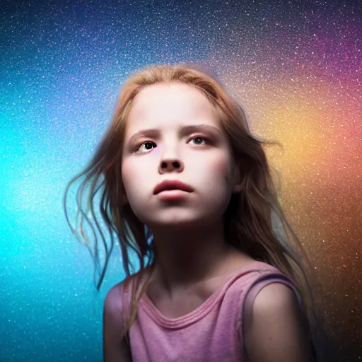 Image similar to noisy color photograph of girl looks at the space, hyper detailed, 8 k realistic, unreal render, mega detailed, epic, volumetric light, hyperrealistic