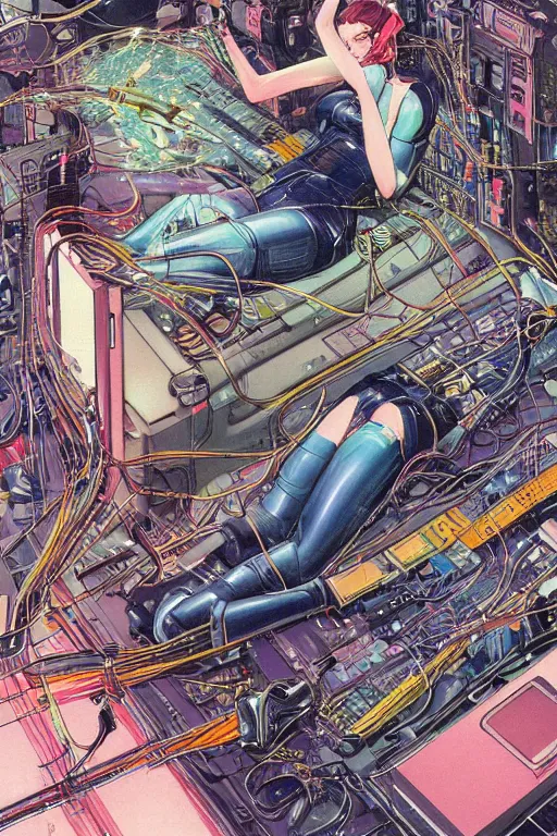 Image similar to an hyper-detailed cyberpunk illustration of a female android lying on a bed in a tech labor, with her head open showing cables and wires coming out, by masamune shirow, and katsuhiro otomo, japan, 1980s, dynamic, colorful, sparkles, lasers