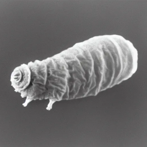 Image similar to electron microscope photograph of a Friendly Tardigrade Animal, smiling and waving at the camera