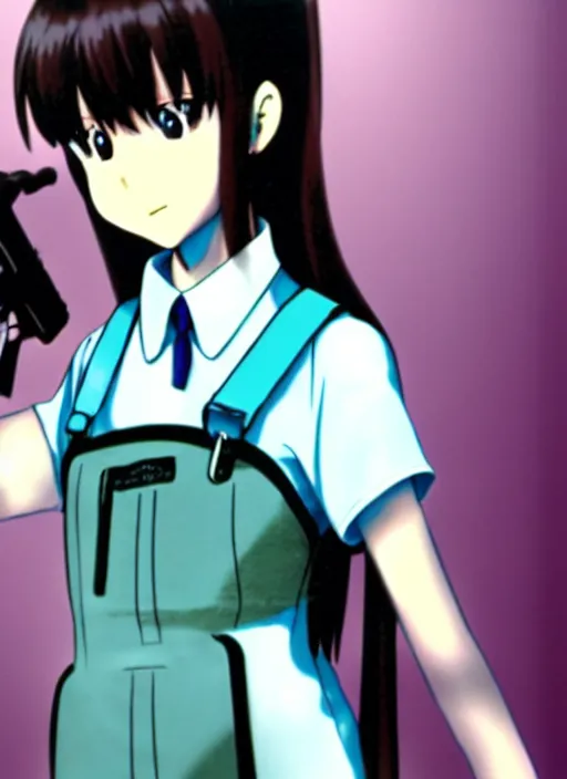 Prompt: Turquoise haired school-girl in a maid uniform holding an assault rifle, still from Serial Experiments Lain, high resolution
