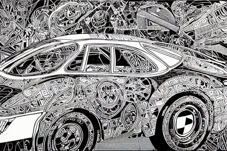 Image similar to a black and white drawing of a porsche 9 1 1 reimagined by singer, a detailed mixed media collage by hiroki tsukuda and eduardo paolozzi and moebius, intricate linework, sketchbook psychedelic doodle comic drawing, geometric, street art, polycount, deconstructivism, matte drawing, academic art, constructivism
