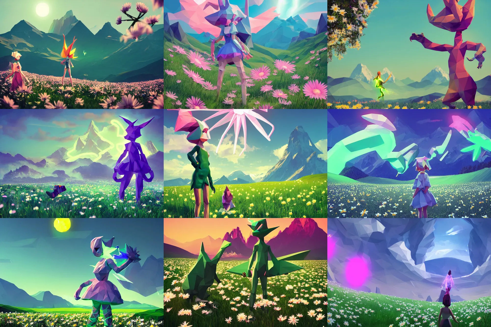 Prompt: lowpoly ps 1 playstation 1 9 9 9 glowing neon anthropomorphic behemoths serperior maid standing in a field of daisies wearing converse shoes, swiss alps in the distance digital illustration by ruan jia on artstation