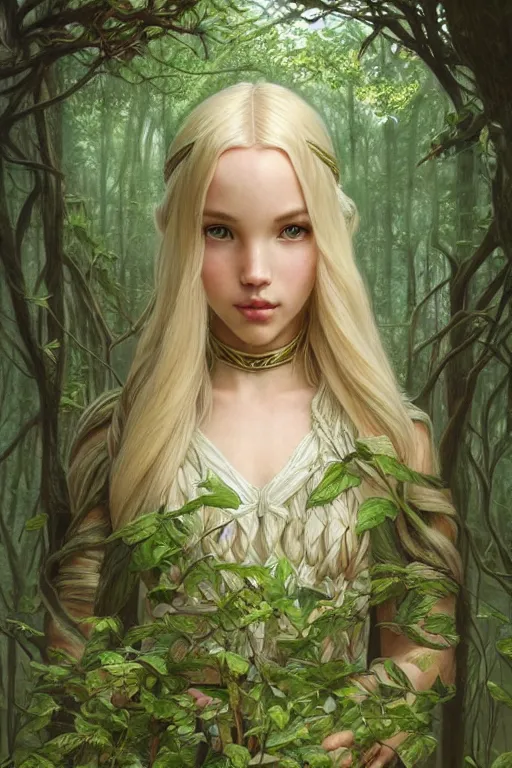 Prompt: mystical cottagecore mage blonde braided hair dove cameron the forest, bone armor, green plants, fantasy character portrait, ultra realistic, intricate, elegant, highly detailed, digital painting, artstaion, smooth, sharp, focus, illustration, art by artgerm and greg rutkowski and alphonse mucha