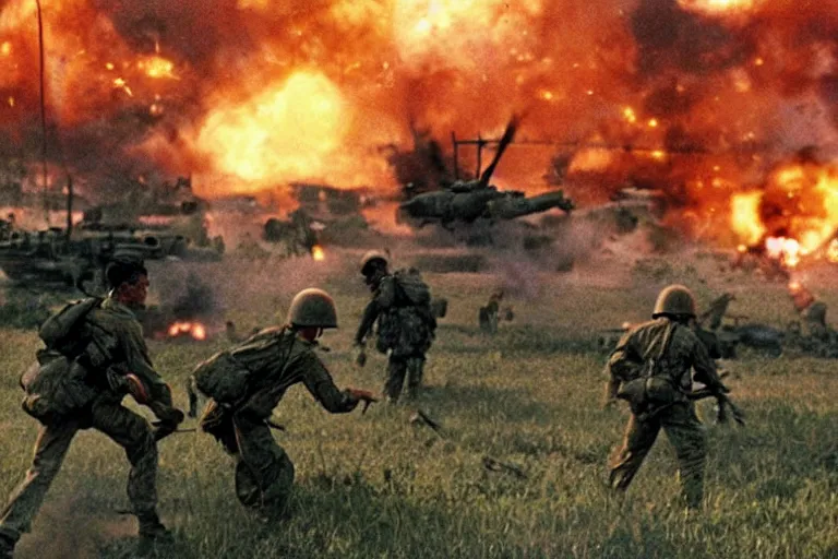 Prompt: vietnam war, a still from a pixar movie, cinematic action shot, explosions