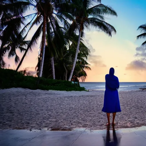 Prompt: a woman facing a blue energy portal on the street, which shows a beach at sunset