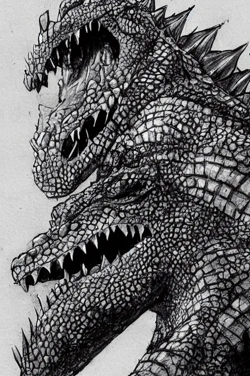 Image similar to the head of Godzilla, kaiju, sea creature, crocodile, iguana by carlos huante