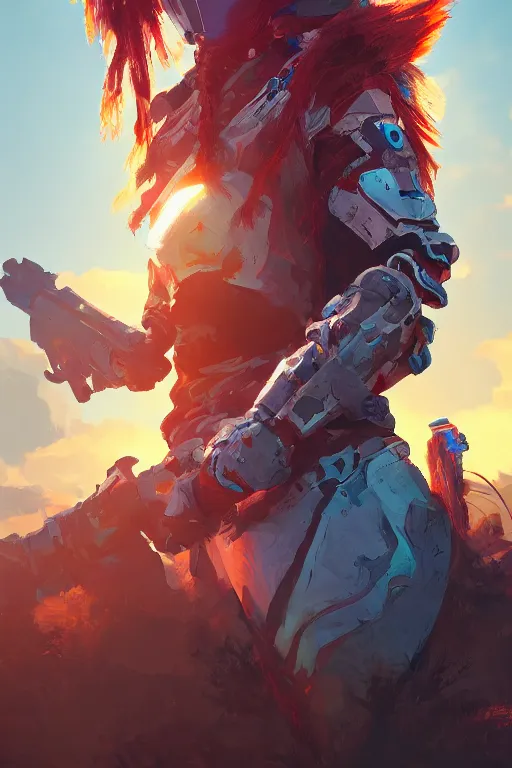 Image similar to combination suit armor aloy horizon forbidden west horizon zero dawn radiating a glowing aura global illumination ray tracing hdr fanart arstation by ian pesty and alena aenami artworks in 4 k tribal robot ninja mask helmet backpack