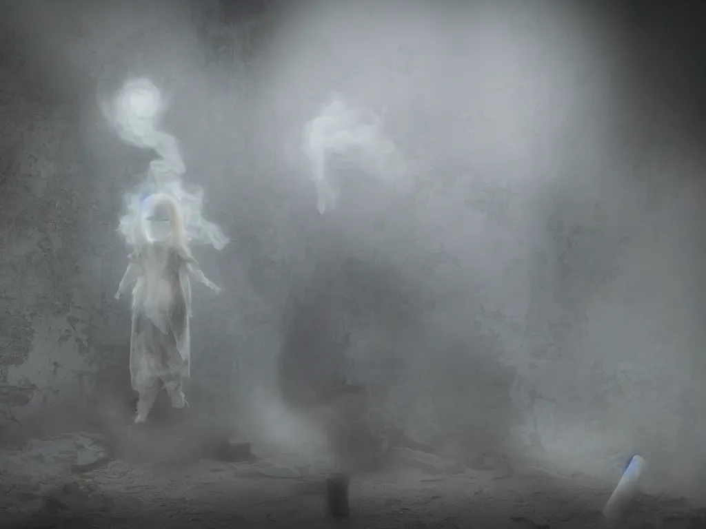 Image similar to cute fumo plush girl ghost in a mysterious concrete wartorn brutalist ruin, chibi gothic wraith maiden of the afterlife, dramatic three point lighting, glowing wisps of hazy smoke and volumetric fog swirling about, production volume rendering, vray