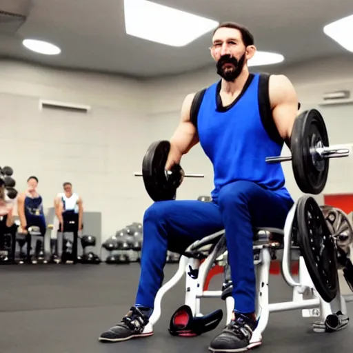 Image similar to pablo echenique robba as a bodybuilder in a gym lifting weights sitting in his wheelchair