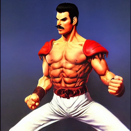 Image similar to ultra realistic freddy mercury as ryu from street fighter, painting by frank frazetta, 4 k, ultra realistic, highly detailed,