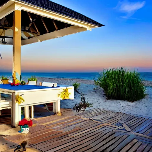 Image similar to modern beach - front house with a large gazebo, yard is full of flowers, sunset