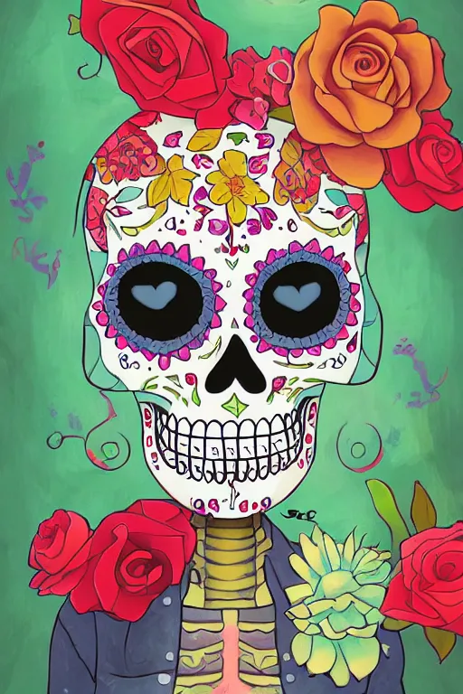 Image similar to Illustration of a sugar skull day of the dead girl, art by goro fujita