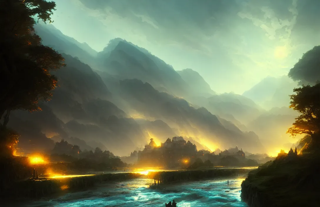 Image similar to large river flowing past a village, blue sky, fantasy, concept art, low angle, highly detailed, warm lighting, volumetric, godrays, vivid, trending on artstation, by jordan grimmer, greg rutkowski