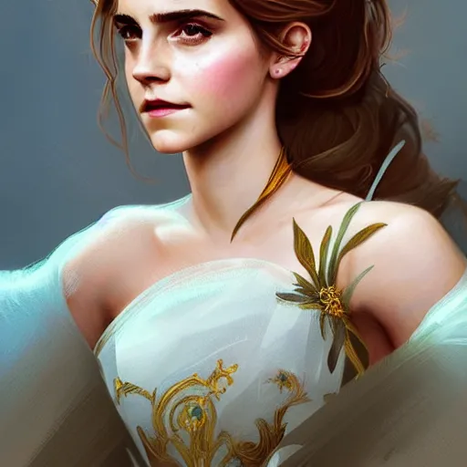 Image similar to portrait of emma watson as elsa, fantasy dress,, intricate, elegant, highly detailed, digital painting, artstation, concept art, smooth, sharp focus, illustration, art by artgerm and greg rutkowski and alphonse mucha