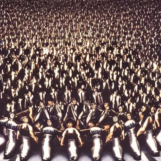 Prompt: 1990's sears portrait photo, a giant massive group of extremely muscular ripped men wearing full-body shiny reflective silver latex pants shirts and masks, forming a massive gigantic huge tall human pyramid in the center of a colorful rocky western landscape, goldenhour, ultra-detailed, photorealistic