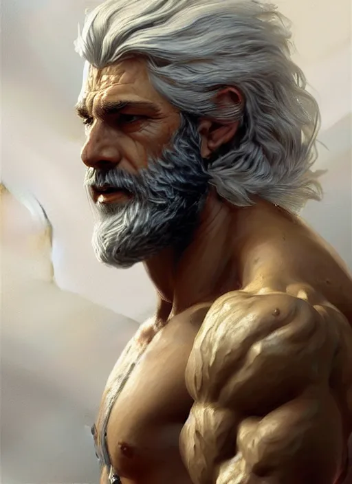 Prompt: painted portrait of rugged zeus, greek god, white hair, masculine, mature, handsome, upper body, muscular, hairy torso, fantasy, intricate, elegant, highly detailed, digital painting, artstation, concept art, smooth, sharp focus, illustration, art by gaston bussiere and craig mullins