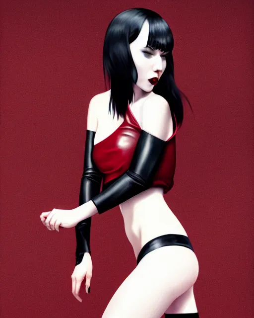 Image similar to a full body portrait of pale skin goth beauty in leather mini skirt and leather tank top, black hair, red lips, digital painting by ilya kuvshinov and ross tran and karol bak and stanley lau and anna dittmann and artgerm and xiaoguang sun and tian zi