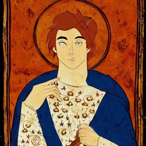 Image similar to clean shaven 1 9 year old young man with auburn hair and lots of freckles, regal hero of byzantium, illuminated manuscript, 2 d, good, moody lighting, medieval parchment, elegant, ornate