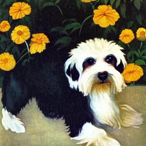 Image similar to portrait of a cream colored havanese dog with marigolds by diego rivera 1 9 3 5