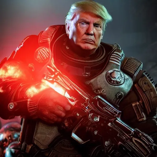 Prompt: Donald Trump in Gears of War, splash art, movie still, cinematic lighting, dramatic, octane render, long lens, shallow depth of field, bokeh, anamorphic lens flare, 8k, hyper detailed, 35mm film grain