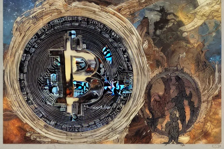 Prompt: wizards conjuring a bitcoin through a circular portal, by greg rutkowski and frank frazetta and peter mohrbacher and william blake and dan mumford