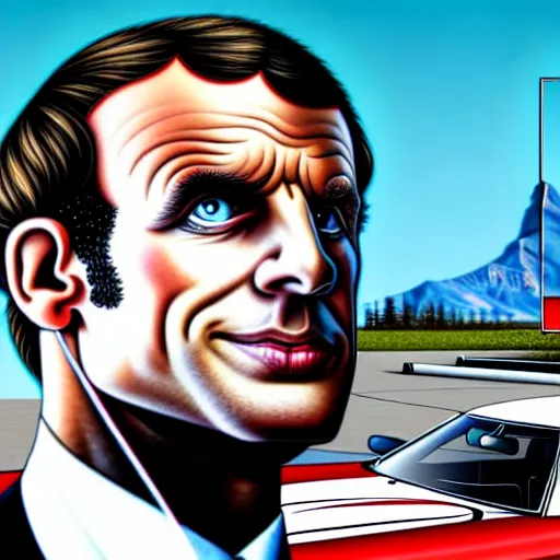 Image similar to emmanuel macron in a gta v cover art by stephen bliss