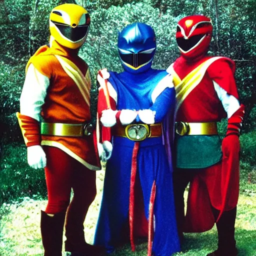 Prompt: the fellowship of the ring dressed up as power rangers