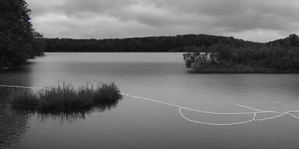 Prompt: infinitely long rope zig zagging across the surface of the water into the distance, floating submerged rope stretching out towards the center of the lake, a dark lake on a cloudy day, moody scene, trees in the background, hyper - detailed photograph, 4 k anamorphic lens