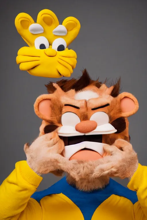 Image similar to portrait of Jacksfilms dressed in Garfield costume, starring in live-action adaptation of the comics, cosplay photograph, shallow depth of field