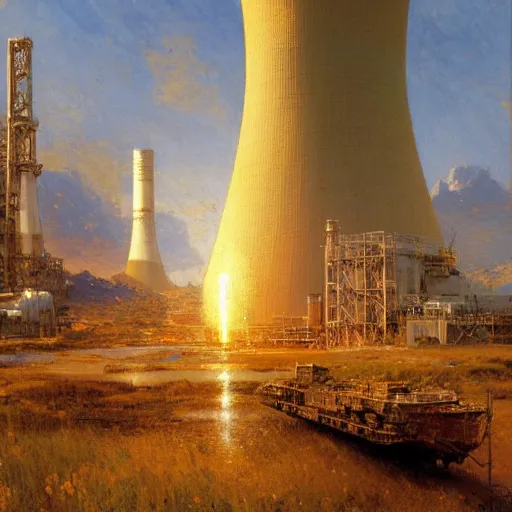 Image similar to detailed cinematic wide shot of giant world nuclear power plant, ultra realistic, spring light, painting by gaston bussiere, craig mullins, j. c. leyendecker