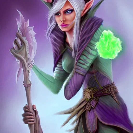 Image similar to a drow elf wizard, holding purple and green fire, female, auburn and blonde two toned hair, fantasy, d & d, intricate, elegant, highly detailed, digital painting, artstation, concept art, matte, sharp focus, illustration, in the style of magic the gathering