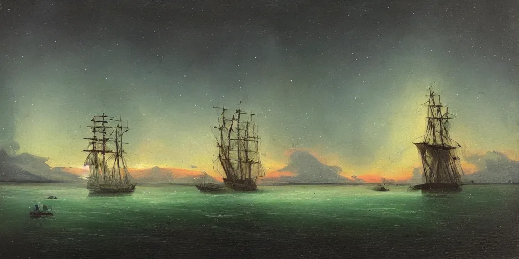 Prompt: “ an 1 8 0 0 s sail ship sailing in arctic waters, ice floating in water, nighttime, aurora borealis, oil painting ”