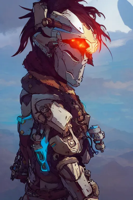 Image similar to combination suit armor aloy horizon forbidden west horizon zero dawn robot ninja mask helmet backpack tribal, art gta 5 comics, official fanart behance hd artstation by jesper ejsing, by rhads, makoto shinkai and lois van baarle, ilya kuvshinov, ossdraws radiating a glowing aura cgi rtx 2 0 2 2