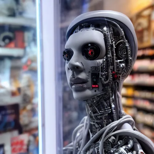 Prompt: photo of a cyborg!! in sale, in a store display, hiding a dark secret, highly detailed face, expressive face, cyberpunk, year 3022, medium full shot, depth of field, ISO 300, aperture f11, 1/100 obturation speed