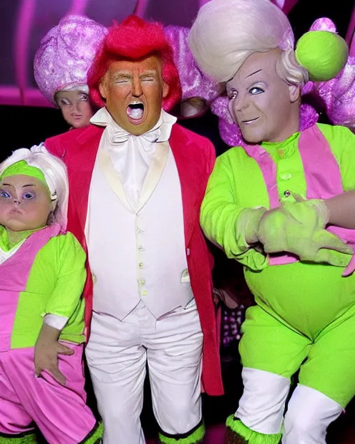Image similar to dancing dwarf sized oompa loompas look just like donald trump, charlie and the chocolate factory, photorealistic