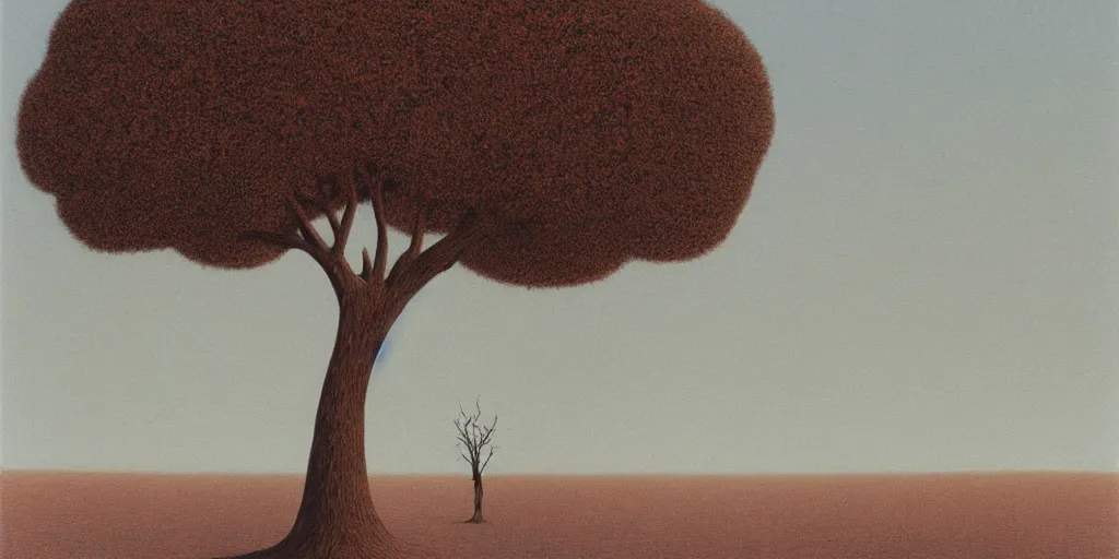 Image similar to dry desert with a tree in the shape of a slender women in the style of Zdzisław Beksiński